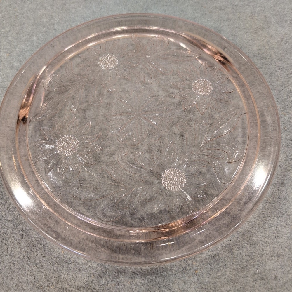 Jeannette Sunflower Pink Depression Glass 3 Footed Cake Plate Vintage 1930s - Picture 3 of 8